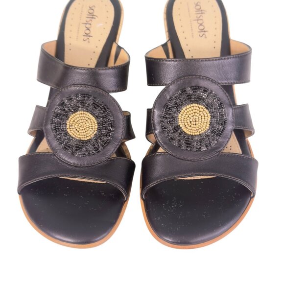 Softspots Women's Black Leather Sandals With Espadrille Cork Wedge Heel Sz 8.5 - Picture 2 of 9
